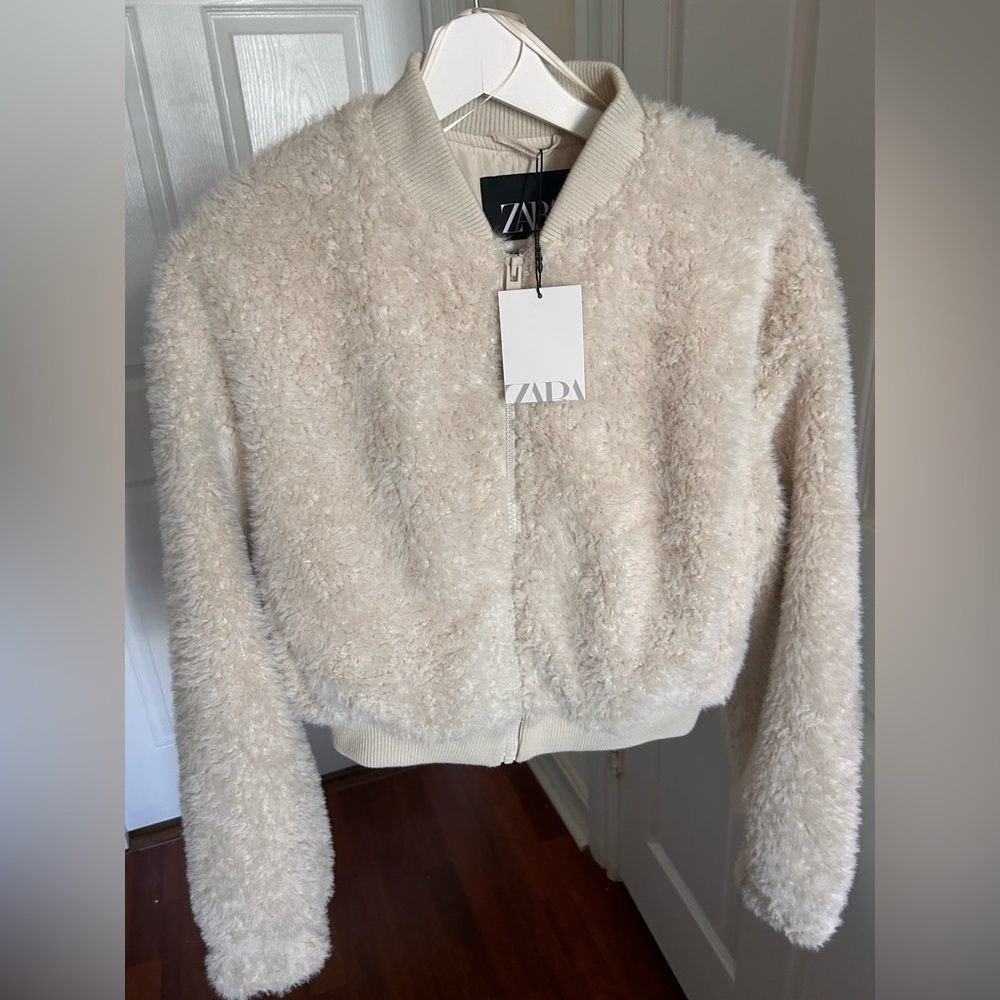 W/ tags Zara Faux Fur Cropped Bomber Jacket XS Ecro REF 4341/755 - Picture 8 of 17